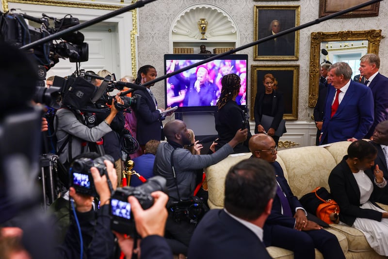 US president Donald Trump plays a video during his meeting with South African president Cyril Ramaphosa. Photograph: Jim Lo Scalzo/EPA