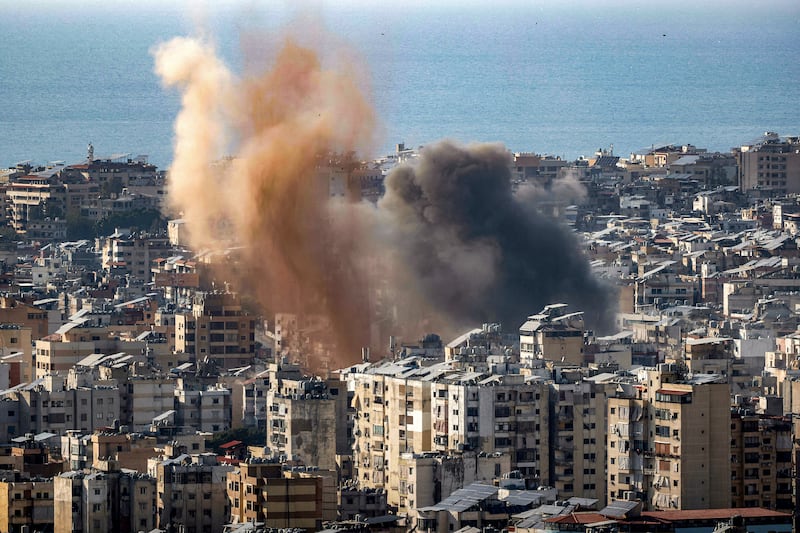 Smoke billows from the site of an Israeli air strike in the southern suburbs of the Lebanese capital Beirut on Tuesday. Photograph by Ibrahim Amro/AFP via Getty Images
