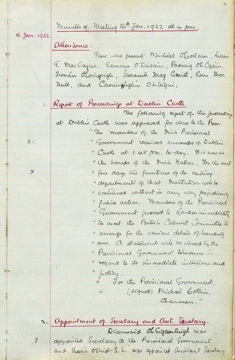 Provisional Government minutes from January 16th, 1922. Photograph: National Archives, Ireland