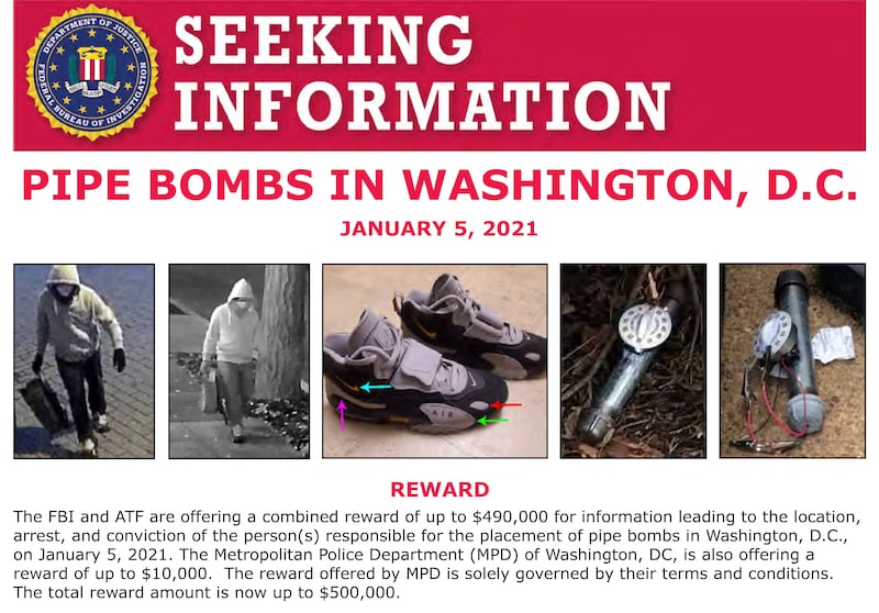 Information notice released by the FBI regarding pipe bombs planted outside offices of the Democratic and Republican national committees. Photograph: FBI/AP