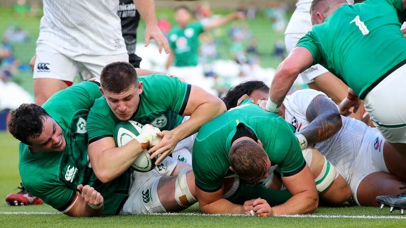Nick Timoney gets it over the line to score a try. Photograph:  Ryan Byrne/Inpho
