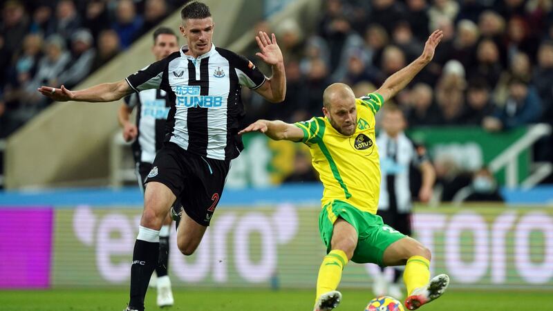 Newcastle United’s Ciaran Clark fouls Norwich City’s Teemu Pukki leading to a red card for the Ireland international during the Premier League match  at St James’ Park. Photograph:  Mike Egerton/PA Wire