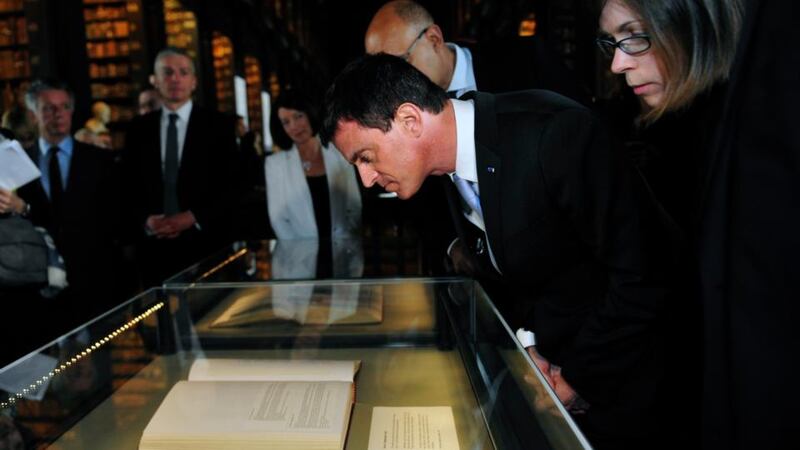 French prime minister Manuel Valls in the Long Room in Trinity College Dublin where he viewed letters from Samuel Beckett. Photograph: Aidan Crawley