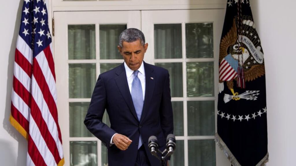 US president Barack Obama arrives to deliver a statement on Syria in the Rose Garden of the White House on Saturday. He changed his mind about military intervention in Syria while strolling around the White House grounds with his top adviser, chief of staff Denis McDonough, on Friday evening, NBC News said. Photograph:  Kristoffer Tripplaar-Pool/Getty Images