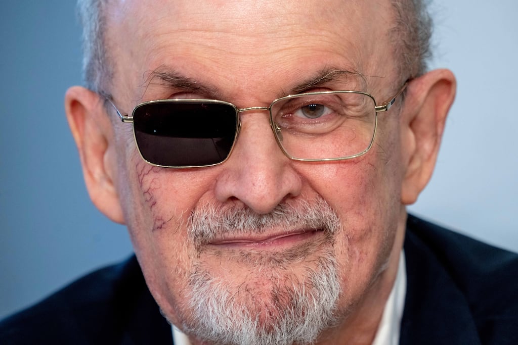 Salman Rushdie appears at a press conference at the Book Fair in Frankfurt, Germany. Photograph: Michael Probst/AP