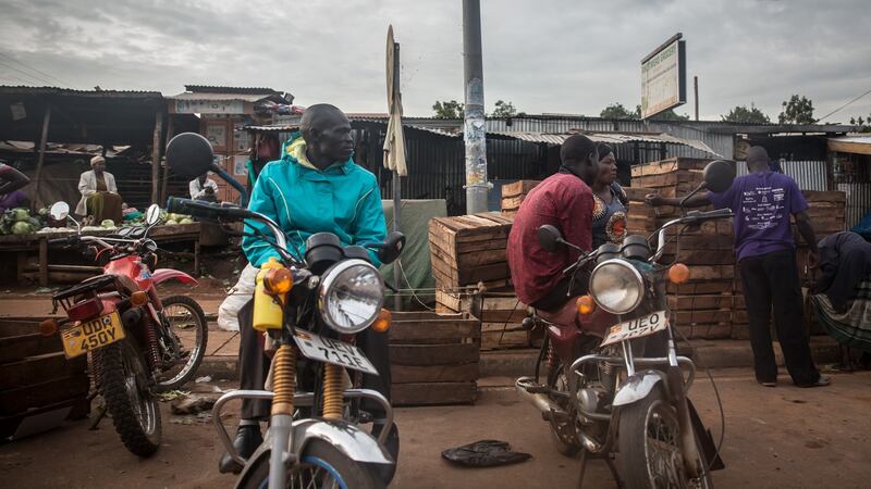 Boda boda drivers in Gulu, northern Uganda. Public transport has been banned because of the coronavirus outbreak. Photograph: Sally Hayden