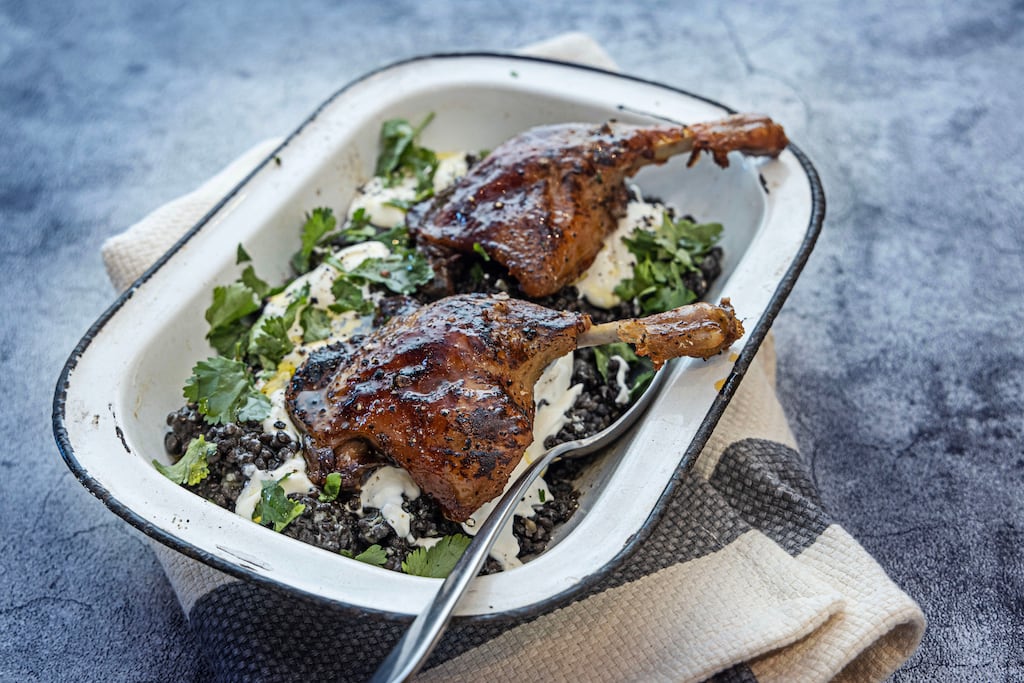 Orange-glazed duck legs, lentils, crème fraîche and coriander – The
