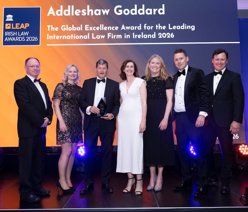 Richard Hammond, solicitor and partner at Hammond Good and chair of the judging panel of the Leap Irish Law Awards; Caoilfhionn Ní Chuanacháin, partner at Addleshaw Goddard; Sean Twomey, real estate partner at Addleshaw Goddard; Ray Byrne, partner at Addleshaw Goddard; Addleshaw Goddard team; and Anton Savage, MC of the night. Photograph: Paul Sherwood