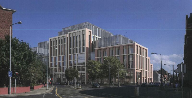 Camden Yard: an impression of the new complex that Dublin City Council plans to move its civic offices to, in a perspective from Kevin Street. Photomontage: Henry J Lyons Architects/Visual Lab