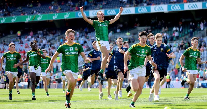 Meath's John O'Regan celebrates victory over Tyrone in the All-Ireland minor football final in August 2021 at Croke Park. Photograph: James Crombie/INPHO