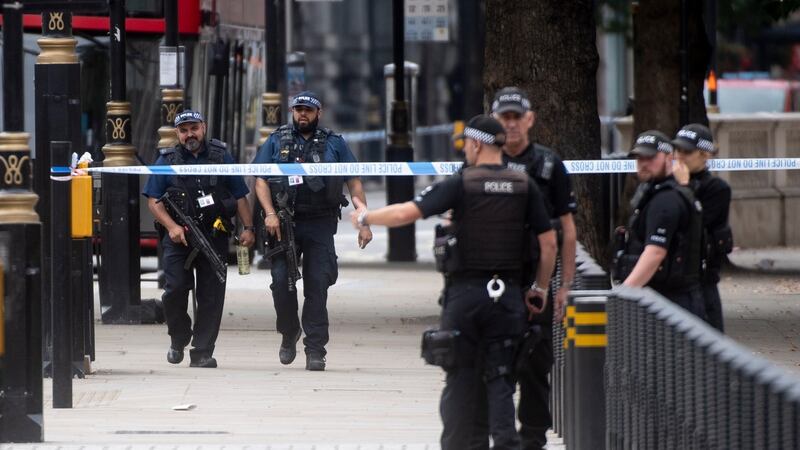 Police and emergency services respond to an incident outside the Houses of Parliament in central London on Tuesday. Photograph:  Will Oliver/EPA