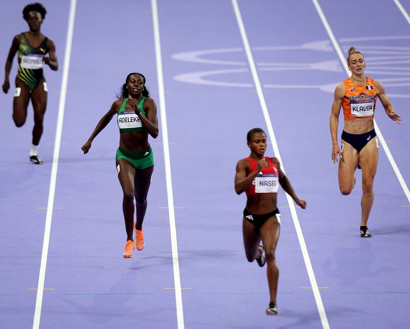 Ireland’s Rhasidat Adeleke on her way to finishing second in the women's 400m semi-final on Wednesday. Photograph: Ryan Byrne/Inpho