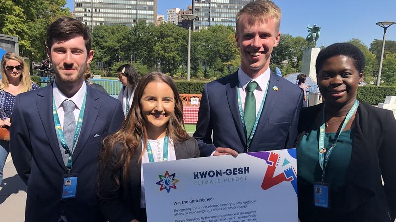Irish delegates at the UN Youth Climate Summit in New York display the  Kwon Gesh Youth Pledge launched on Saturday, which calls on governments to give young people a greater voice in generating climate policy. From left are Jack O’Neill, Alicia O’Sullivan, Jack O’Connor and Valerie Molay. Photograph: Kevin O’Sullivan
