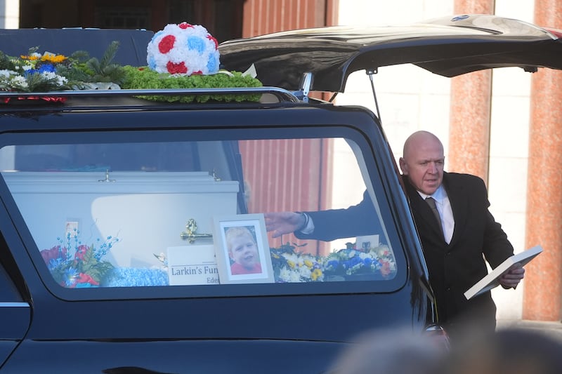 The coffin arrives for the funeral of Tadgh Farrell at St Mary's Church, Edenderry. Photograph: Brian Lawless/PA Wire