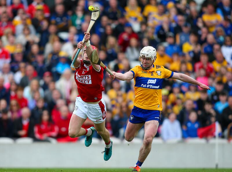 Clare’s Adam Hogan attempts to stop Cork’s Alan Connolly from shooting at goal during the Munster SHC match at SuperValu Pairc Uí Chaoimh. Photograph: Ken Sutton/Inpho