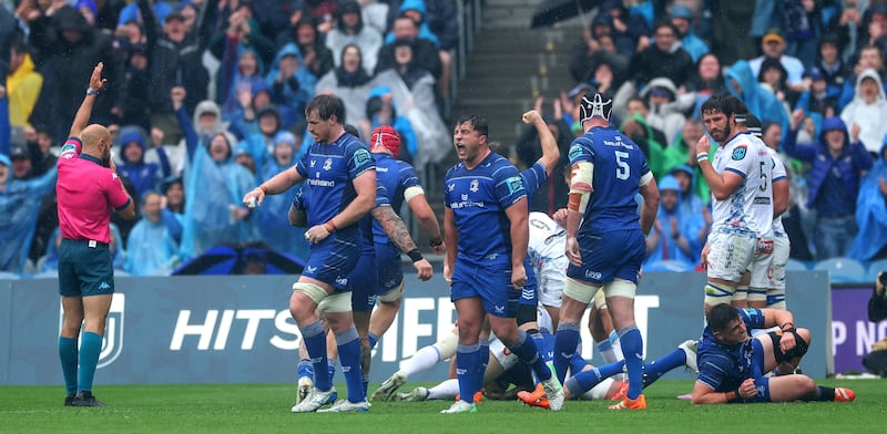 Leinster's Ryan Baird and Tom Clarkson celebrate Jack Conan’s try against the Bulls in the URC final at Croke Park last weekend. Photograph: James Crombie/Inpho