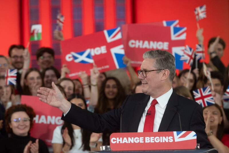 Keir Starmer speaks to supporters at the Labour watch party after the 2024 UK general election. Photograph: Jeff Moore/PA Wire 
