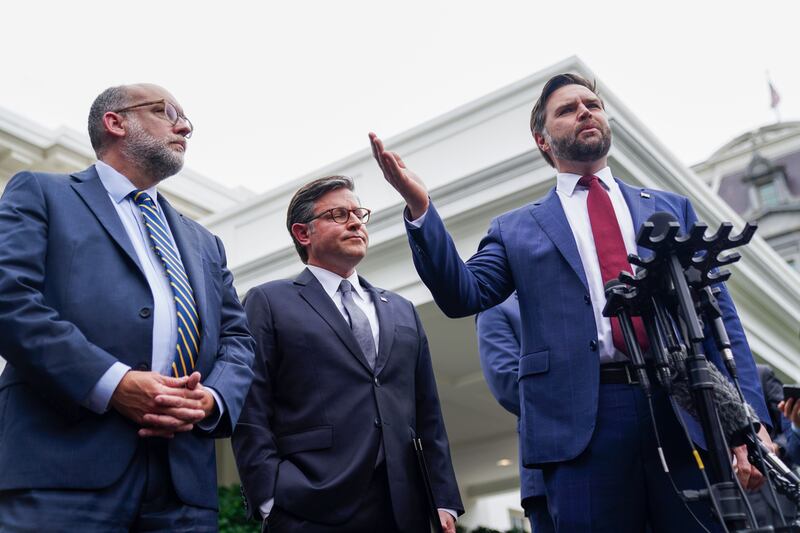 US vice-president JD Vance (right) with director of office of management and budget Russell Vought (left) and speaker of the House Mike Johnson. Photograph: EPA