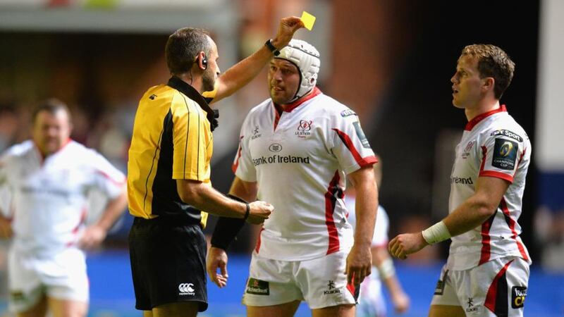Craig Gilroy of Ulster Rugby is shown the yellow card by referee Romain Poite during the European Rugby Champions Cup Pool 3 match against Leicester Tigers at Welford Road. Photograph:  Tony Marshall/Getty Images