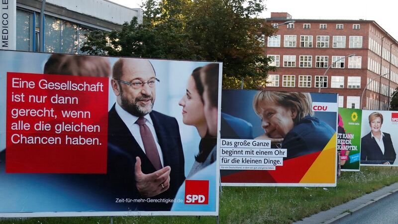 Election campaign posters for the upcoming general elections of the Christian Democratic Union party in Berlin. Photograph:  Fabrizio Bensch/Reuters