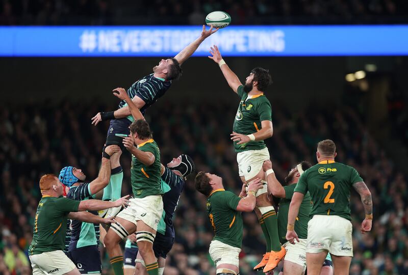 Peter O’Mahony of Ireland battles for possession with Lood de Jager of South Africa in the lineout. Photograph: Oisín Keniry/Getty Images