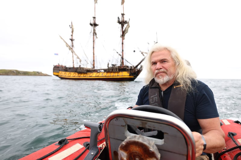 Captain Vladimir Martus, with the Shtandart in the background, in Killiney Bay in south Dublin.
Photograph: Dara Mac Dónaill/The Irish Times