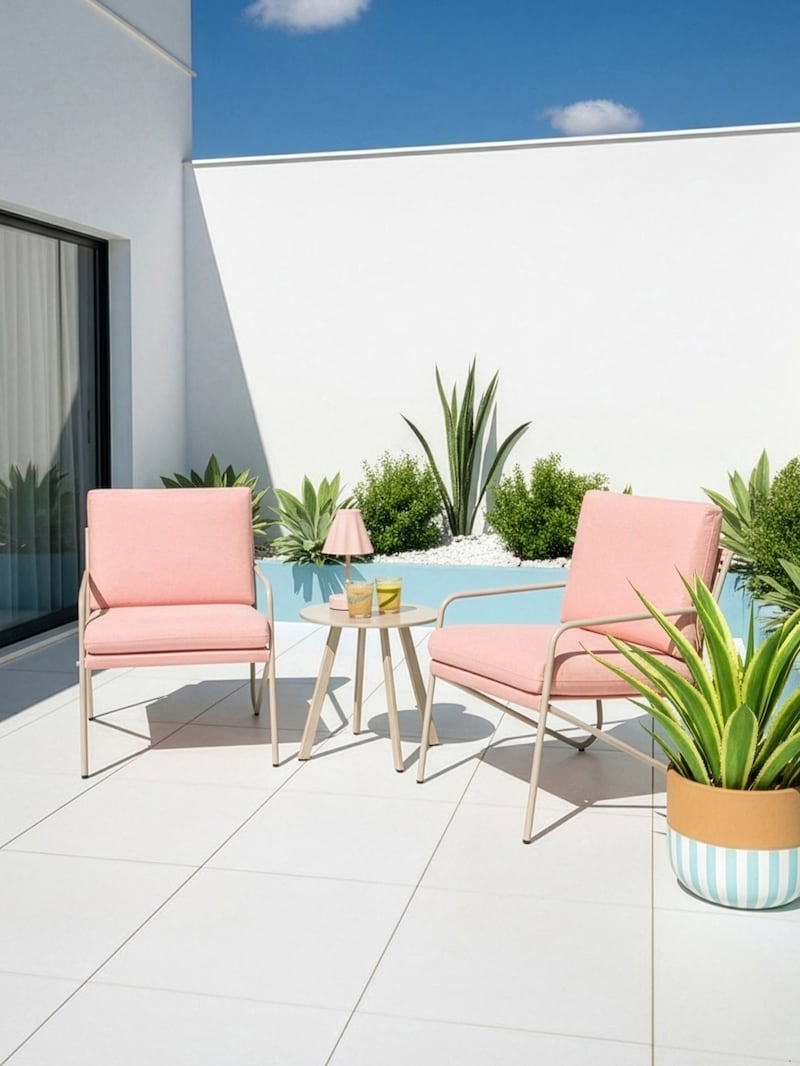 An easy injection of bright summer colour comes courtesy of this Palm Springs Bistro Set, €339, at Very Ireland