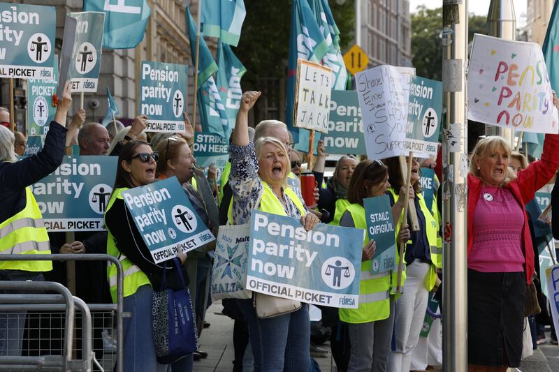 School secretaries and Caretakers gathered outside the Dáil on Tuesday in protest over working conditions. Photograph: Nick Bradshaw