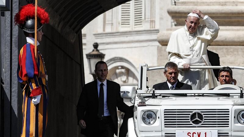 Pope Francis arrives on the Popemobile for a meeting with young people in St Peter’s Square, Vatican City. Photograph: EPA/Giuseppe Lami