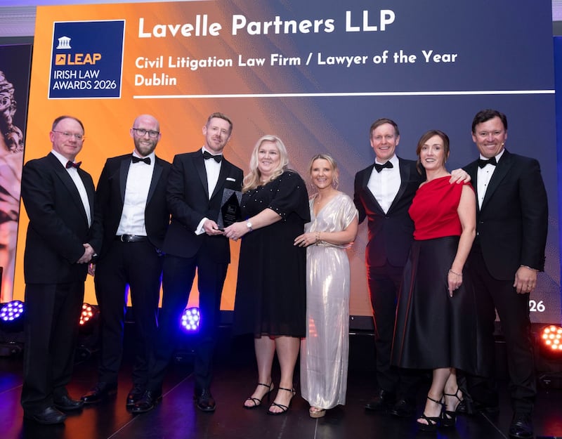 Richard Hammond, solicitor and partner at Hammond Good and chair of the judging panel of the Leap Irish Law Awards; Dermot McClean, partner in the Litigation & Dispute Resolution Team at Lavelle Partners; Ciarán Leavy, partner and head of litigation and dispute resolution at Lavelle Partners; Georgina Lanigan, partner and head of the Asset & Debt Recovery Team at Lavelle Partners; Avril Scally, partner and head of the Medical Negligence & Personal Injury Team at Lavelle Partners; Greg Flanagan, partner and head of the Property Team at Lavelle Partners; Denise Dockery, partner in the Property Team at Lavelle Partners; and Anton Savage, MC of the night. Photograph: Paul Sherwood