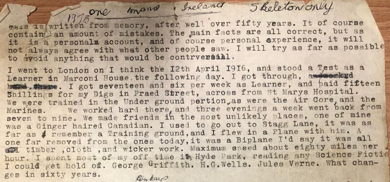 Extract from an original copy of Mulvihill’s memoir. It includes a handwritten title, One Man’s Ireland
