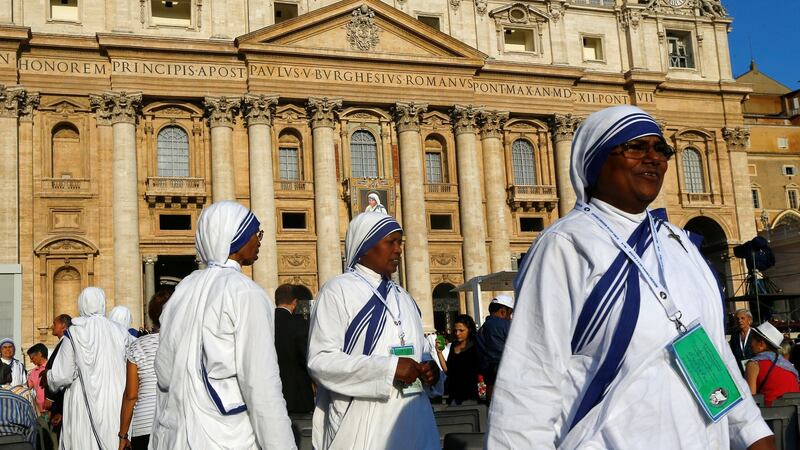 Nuns, belonging to the global Missionaries of Charity, arrive to attend a mass celebrated by Pope Francis for the canonisation of Mother Teresa of Calcutta in Saint Peter’s Square at the Vatican on Sunday. Photograph: Reuters