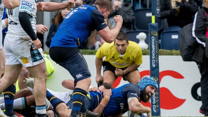 Leinster’s Scott Fardy scoring a late try against Glasgow Warriors at the RDS. Photograph: Morgan Treacy/Inpho