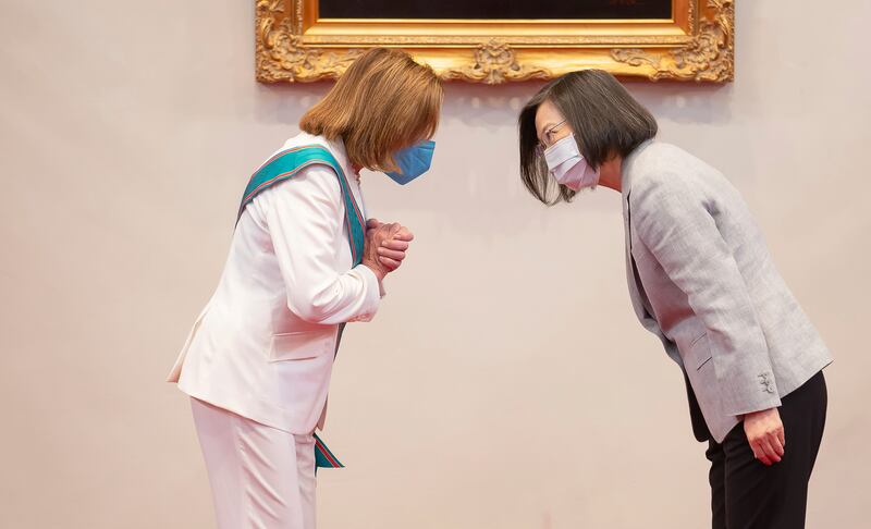 US House speaker Nancy Pelosi and Taiwanese president Tsai Ing-wen meet in Taipei earlier this month. Photograph: Taiwan presidential Office via AP