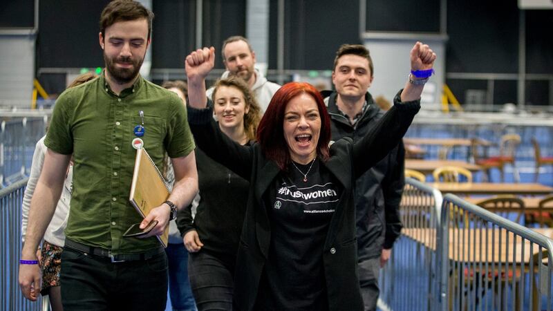 Green Party MLA Clare Bailey celebrates at the Titanic Exhibition Centre.