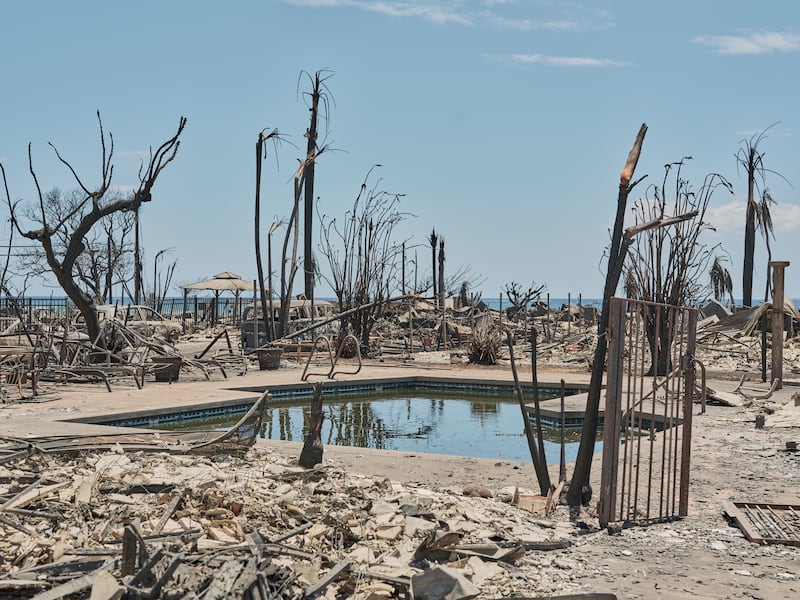 Ruins surround a pool in Lahaina, Maui, Hawaii, two days after the historic town was devastated by wildfire. Photograph: Philip Cheung/New York Times