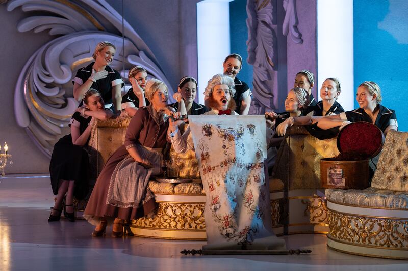 Andreas Bauer Kanabas (Baron Ochs), centre, and Paula Murrihy (Octavian), left, with the INO chorus. Photograph: Pat Redmond