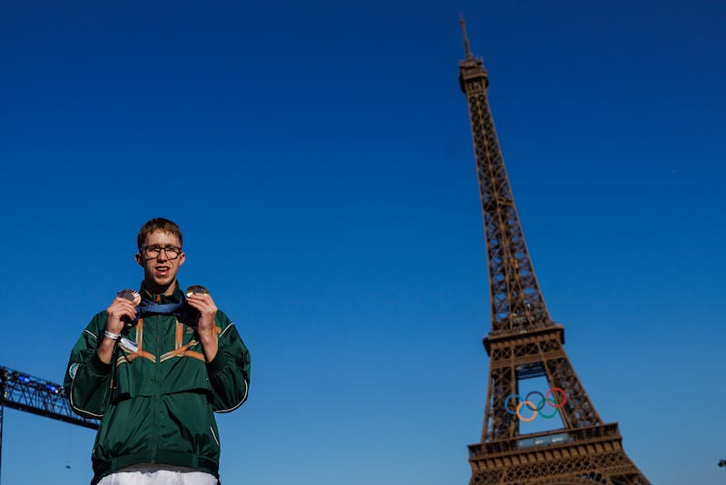 Ireland’s swimmer Daniel Wiffen with his gold and bronze medal. Photograph: James Crombie/Inpho
