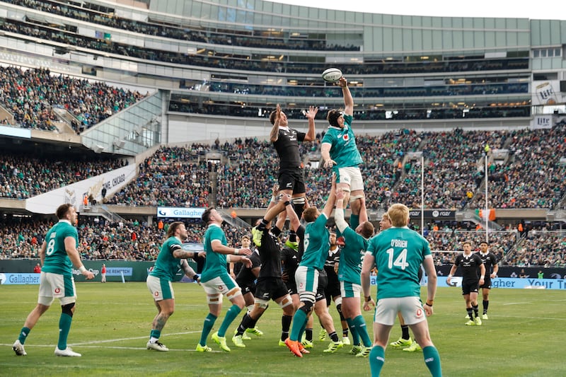 Ryan Baird of Ireland knocks the ball away from Josh Lord of the All Blacks during a lineout in Saturday's Test match at Soldier Field, Chicago. Photograph: Michael Reaves/Getty Images