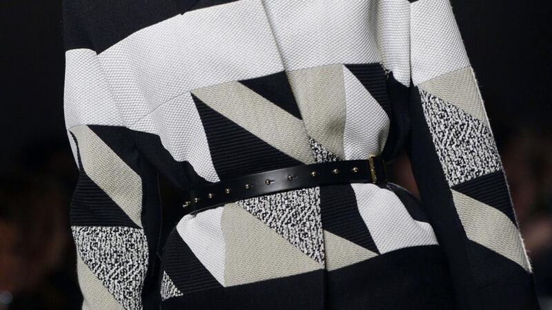 A tailored,  zany striped coat  in black, cream and white created by Roland Mouret during the 2015-2016 fall/winter ready-to-wear collection fashion show in Paris. Photograph: Miguel Medina/AFP/Getty Images