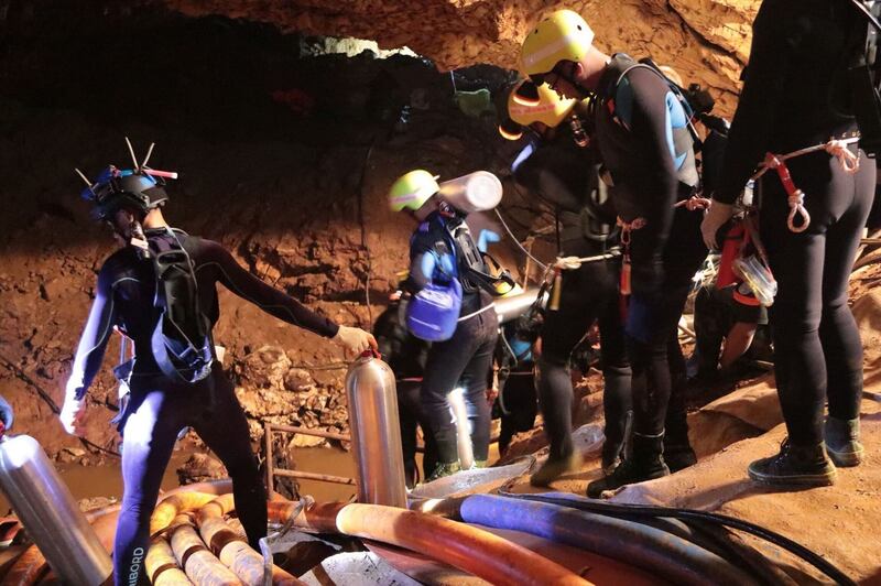 Thai cave rescue: Thai navy divers during the mission to bring the Wild Boars soccer team and their coach back to safety. Photograph: Royal Thai Navy/AFP/Getty