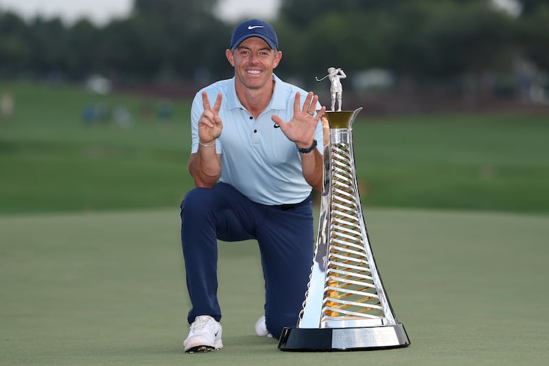 Rory McIlroy with the Harry Vardon Trophy after claiming his seventh Race to Dubai victory. Photograph: Richard Heathcote/Getty Images