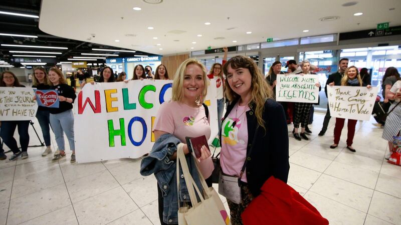 Sorcha Lowry and Catrìona Graham who flew in from New York  and Brussels respectively to vote in the abortion referendum. Photograph: Nick Bradshaw