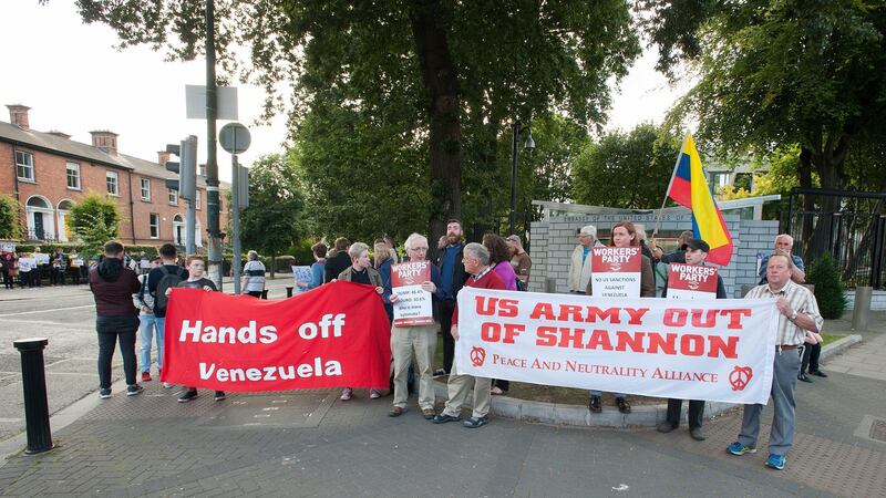 Workers’ Party and Peace and Neutrality Alliance protesters outside the US embassy in Dublin on Thursday. Photograph: Dave Meehan/The Irish Times