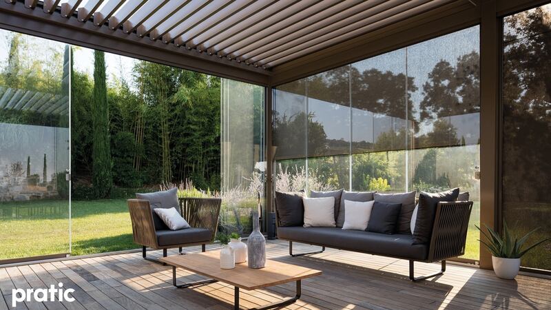 A high spec outdoor living space, with Italian-designed slick aluminium frame structures by Pratic, are available  from Arch Outdoors