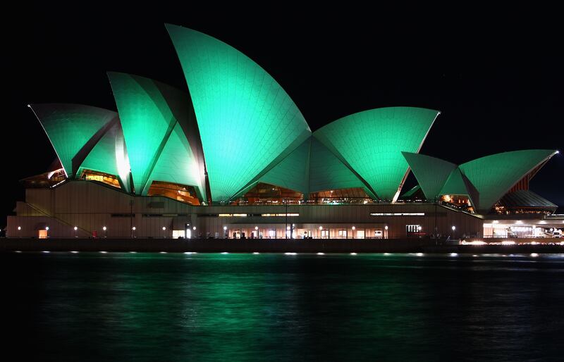 The Sydney Opera House bathed in green light to mark St Patrick's Day in 2010 in Sydney, Australia. Photograph: Ryan Pierse/Getty Images
