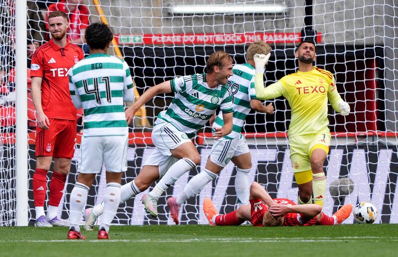 Benjamin Nygren celebrates scoring Celtic's first goal against Aberdeen during the Scottish Premiership match at Pittodrie. Photograph: Andrew Milligan/PA Wire

RESTRICTIONS: Use subject to restrictions. Editorial use only, no commercial use without prior consent from rights holder.