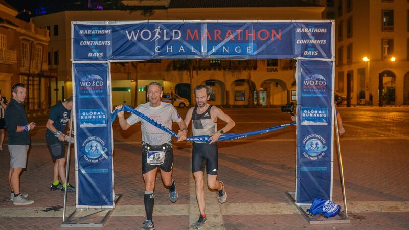 Gary Thornton finishes the Cartagena  marathon.