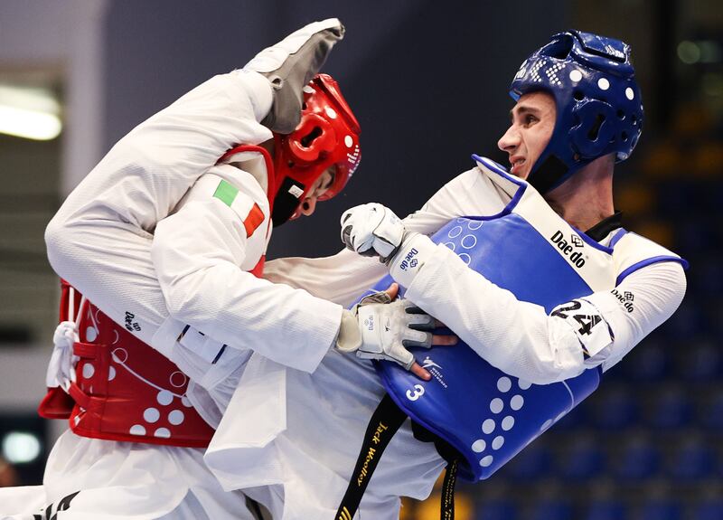 Ireland’s Jack Woolley in action against Matias Lomartire of Italy during the Taekwondo semi-final at the European Games in Krynica-Zdrój Arena, Poland. Photograph Tom Maher/Inpho 