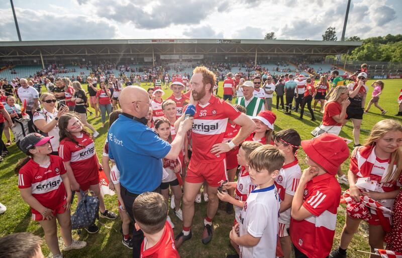 Conor Glass surrounded by young Derry fans as he is interviewed after the victory over Donegal at Ballybofey. Photograph: Evan Treacy/Inpho 